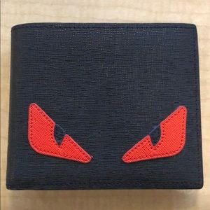 Mens Black Fendi Wallet with Red Bag Bug Inlay